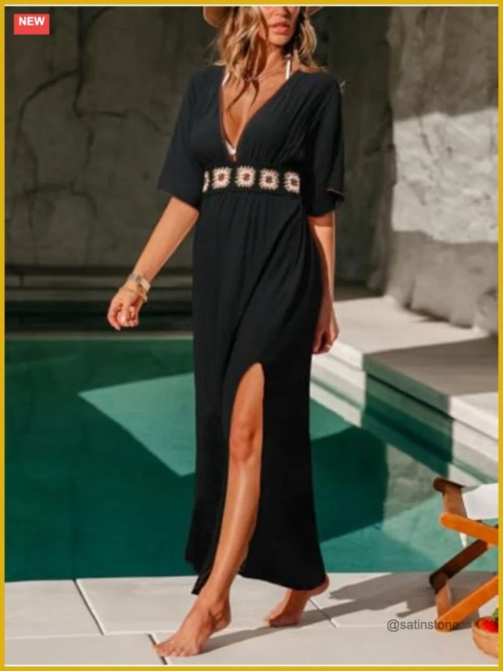Swimsuit Coverup Maxi Dress V Neck Half Sleeve Side Slit Crochet Panel